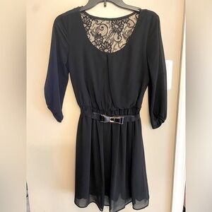 EUC Black Dress Sheer sleeves with belt. Lace back Size small